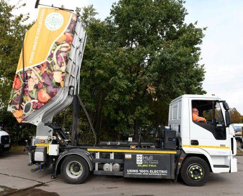 The new electric truck tips the food waste for disposal